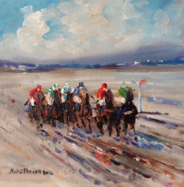 Schilderij getiteld "Horse Racing Laytown" door Bill O'Brien, Origineel Kunstwerk, Olie
