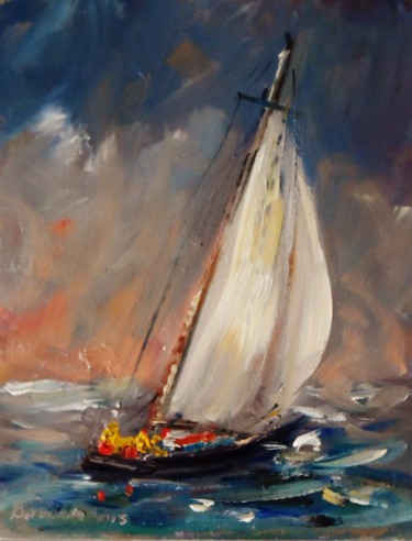 Schilderij getiteld "Yacht Dusk Sailing" door Bill O'Brien, Origineel Kunstwerk, Olie