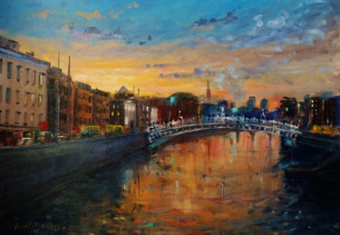 Pittura intitolato "River Liffey Dublin…" da Bill O'Brien, Opera d'arte originale, Olio