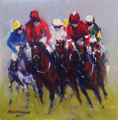 Painting titled "Horse Racing, Tight…" by Bill O'Brien, Original Artwork, Oil