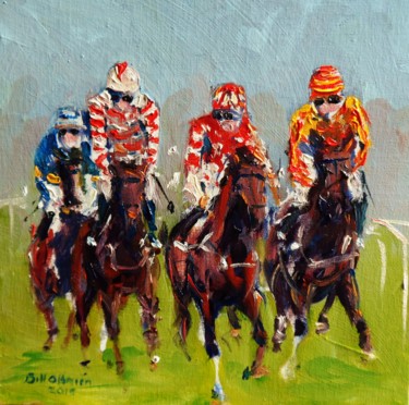 Painting titled "Horse Racing, 4 Hor…" by Bill O'Brien, Original Artwork, Oil