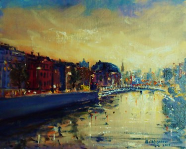 Painting titled "Liffey Dublin, stre…" by Bill O'Brien, Original Artwork, Oil