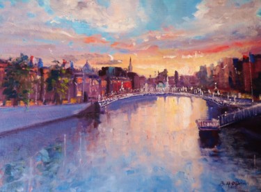 Pintura intitulada "Liffey Sunset over…" por Bill O'Brien, Obras de arte originais, Óleo