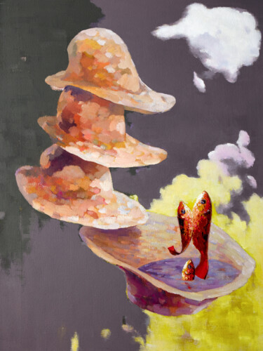 绘画 标题为“Fishes On The Cloud” 由Bin Xu, 原创艺术品, 油 安装在木质担架架上