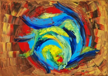 Painting titled "Fisch" by Bina Sommer, Original Artwork, Oil Mounted on Wood Stretcher frame