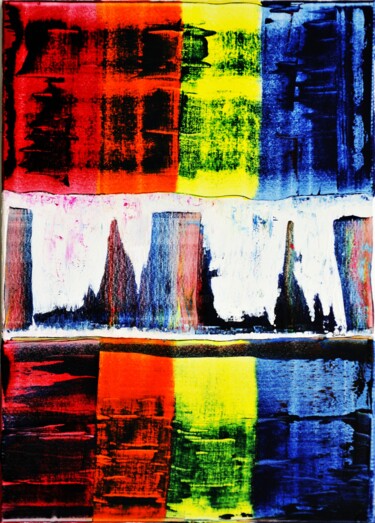 Painting titled "Stadt" by Bina Sommer, Original Artwork, Oil Mounted on Wood Stretcher frame