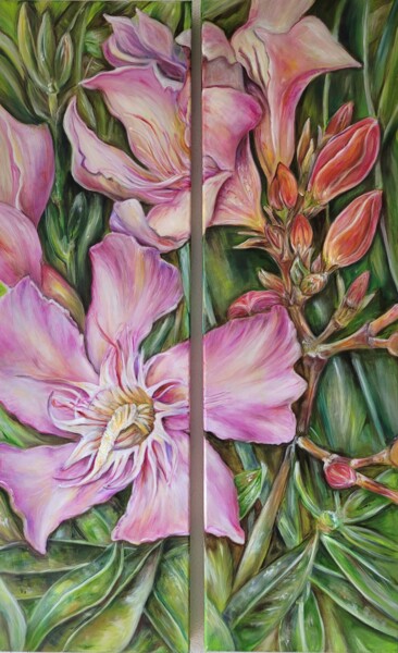 Painting titled "Oleander" by Birgit Deuschle (BIGUI), Original Artwork, Acrylic Mounted on Wood Stretcher frame