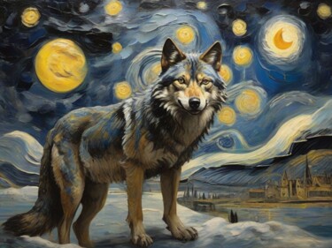 Artes digitais intitulada "Wolfsnacht der kosm…" por Birgit Wichmann, Obras de arte originais, Imagem gerada por IA