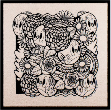 Textile Art titled "Birds & Flowers" by Bishopparigo, Original Artwork, Embroidery Mounted on Wood Stretcher frame