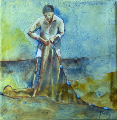 Картина под названием "Au lac" - Bivan, Подлинное произведение искусства, Акрил Установлен на Деревянная рама для носилок