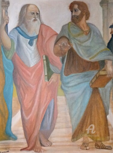 Painting titled "Plato and Aristotle" by Bianchini Jr, Original Artwork, Oil Mounted on Wood Panel