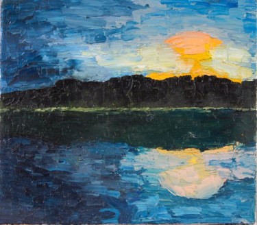 Painting titled "night-on-the-lake" by Kristine Businska, Original Artwork, Oil