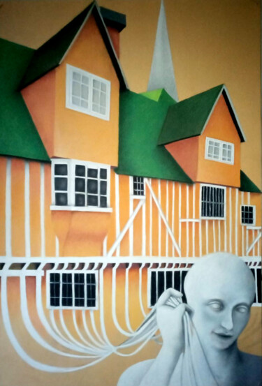 Dibujo titulada "La casa arancione" por Black Spot, Obra de arte original, Pastel