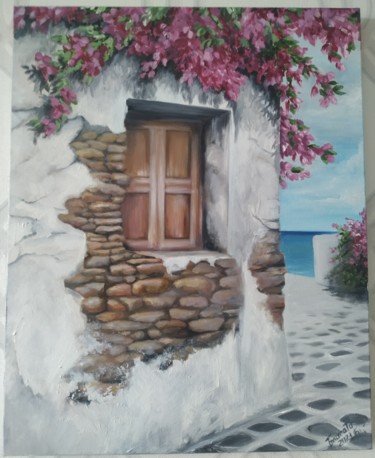 "Greek window" Greece Santorini. Oil on canvas stretched Painting titled ""Greek window" Gree…" by Tatiana Blagodarna, Original Art, Oil