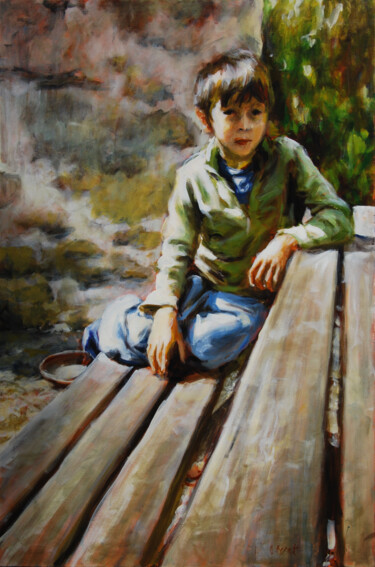Schilderij getiteld "L'enfant sur le banc" door Blanche Bérat, Origineel Kunstwerk, Acryl