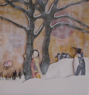 Pintura titulada "l'enfant et les pin…" por Sylvie Guinand (Blanche G.), Obra de arte original, Acrílico Montado en Cartulina