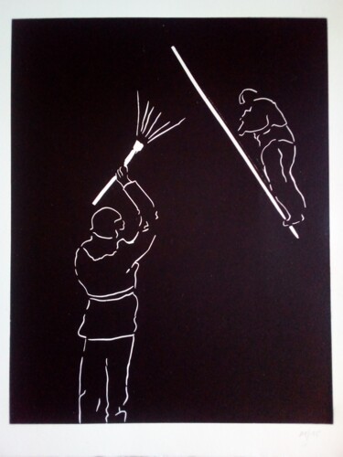 Prenten & gravures getiteld "l'homme perché" door Sylvie Guinand (Blanche G.), Origineel Kunstwerk, Linosnede