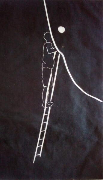 Gravures & estampes intitulée "L'homme perché 2" par Sylvie Guinand (Blanche G.), Œuvre d'art originale, Linogravures