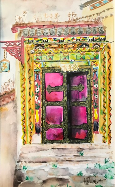 Painting titled "Porte du Yunnan" by Patricia Blanchet-Olivier, Original Artwork, Ink Mounted on Other rigid panel