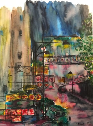 Schilderij getiteld "Soir de pluie à Hon…" door Patricia Blanchet-Olivier, Origineel Kunstwerk, Inkt Gemonteerd op Andere st…