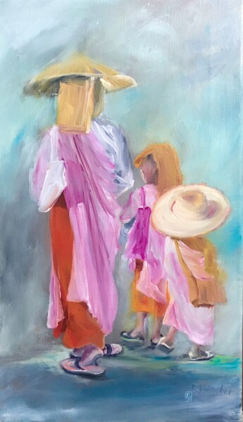 Painting titled "Nonnes, Birmanie" by Patricia Blanchet-Olivier, Original Artwork, Oil Mounted on Wood Stretcher frame