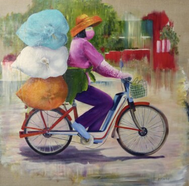 Painting titled "mobylette ou la liv…" by Patricia Blanchet-Olivier, Original Artwork, Oil Mounted on Wood Stretcher frame