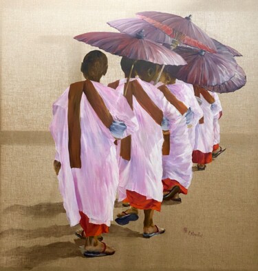 Painting titled "Procession (Birmani…" by Patricia Blanchet-Olivier, Original Artwork, Oil Mounted on Wood Stretcher frame