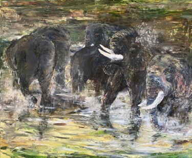 Painting titled "Troupeaux d'éléphan…" by Patricia Blanchet-Olivier, Original Artwork, Oil