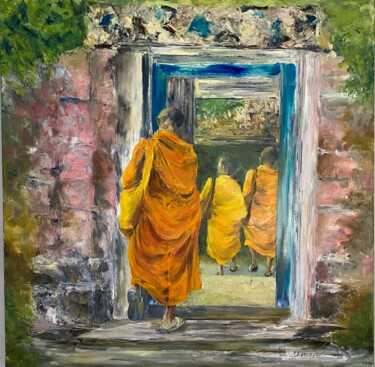 Schilderij getiteld "Moines au Laos" door Patricia Blanchet-Olivier, Origineel Kunstwerk, Olie Gemonteerd op Frame voor hout…