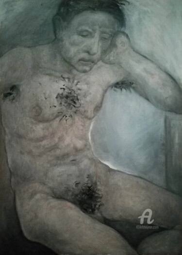 Malerei mit dem Titel "Homme assis" von Blandine Sanchis, Original-Kunstwerk, Öl