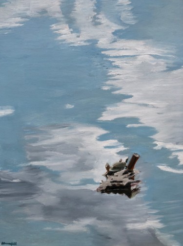 Painting titled "Sky Turtle" by Blandine Broomfield, Original Artwork, Oil Mounted on Wood Stretcher frame