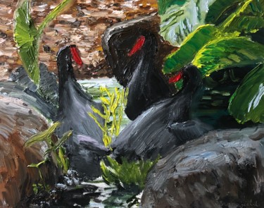 Painting titled "Cock Fight" by Blandine Broomfield, Original Artwork, Oil