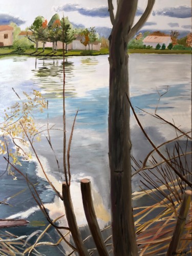 Painting titled "Misty Lake From the…" by Blandine Broomfield, Original Artwork, Oil