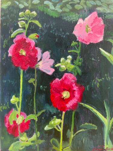 Painting titled "Red and Pink Hibisc…" by Blandine Broomfield, Original Artwork, Oil