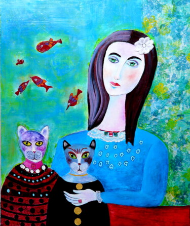 Schilderij getiteld "Katzenliebhaber" door Blanka Mandel, Origineel Kunstwerk, Acryl Gemonteerd op Frame voor houten brancard