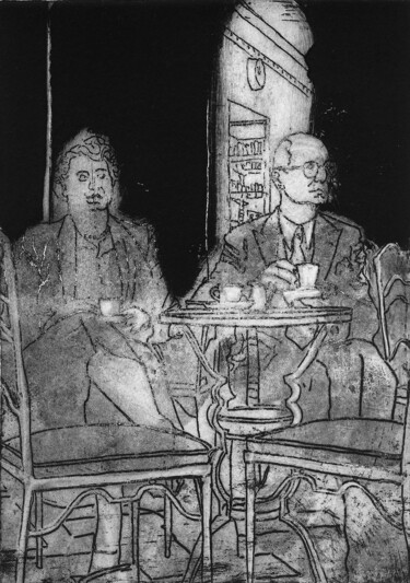 Gravures & estampes intitulée "COUPLE AUX CAFÉS" par Bruno Laxague, Œuvre d'art originale, Eau-forte