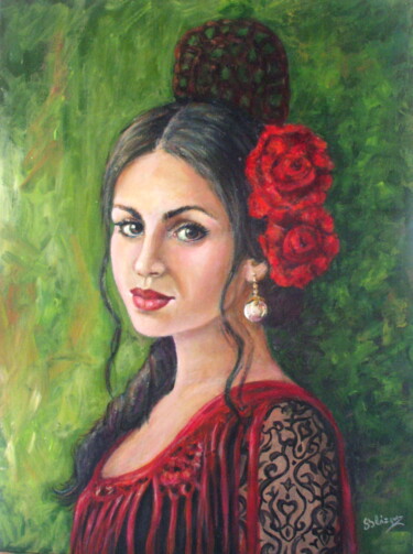 Pintura intitulada "FLAMENCA CON PERLA" por Blázquez, Obras de arte originais, Óleo