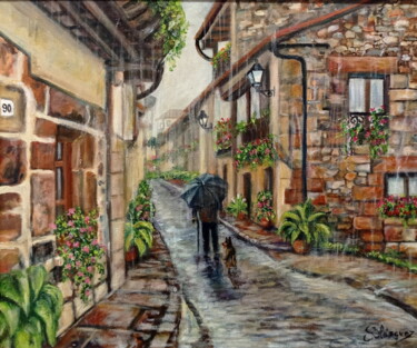 Peinture intitulée "BAJO LA LLUVIA" par Blázquez, Œuvre d'art originale, Huile