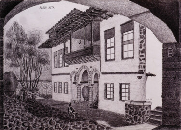 Σχέδιο με τίτλο "In the yard" από Bledi Kita, Αυθεντικά έργα τέχνης, Μελάνι