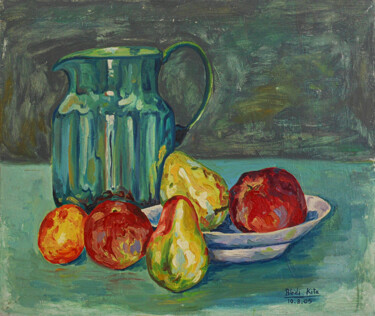Painting titled "Still life with fru…" by Bledi Kita, Original Artwork, Oil Mounted on Wood Stretcher frame