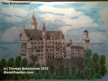 Malerei mit dem Titel "Neu Schwanstein" von Bleistiftwelten, Original-Kunstwerk, Öl