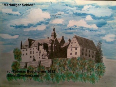 Malerei mit dem Titel "Marburger Schloß" von Bleistiftwelten, Original-Kunstwerk, Öl