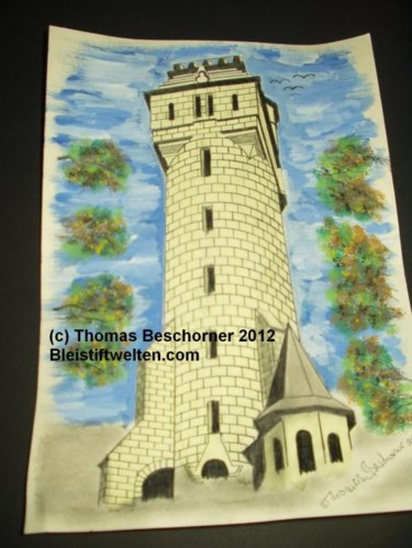 Malerei mit dem Titel "Turm der Erkenntnis" von Bleistiftwelten, Original-Kunstwerk, Öl