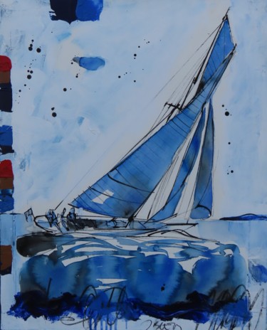 Painting titled "THE BLUE YACHT" by Blezot, Original Artwork, Acrylic Mounted on Wood Stretcher frame