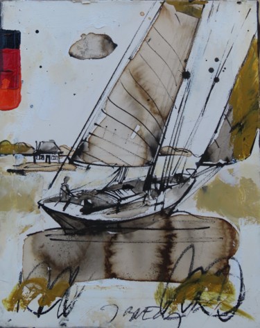 Painting titled "THE BROWN YACHT" by Blezot, Original Artwork, Acrylic Mounted on Wood Stretcher frame