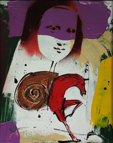 Painting titled "MONA & L'ESCARGOT R…" by Blezot, Original Artwork, Acrylic Mounted on Cardboard