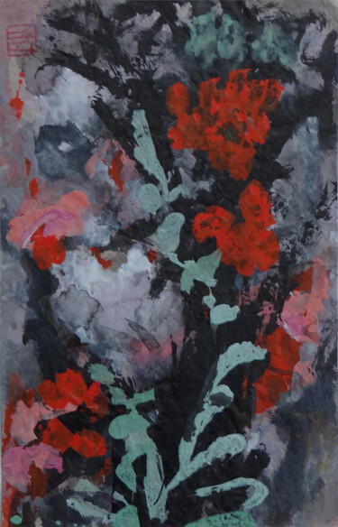 Dessin intitulée "Plante à fleurs rou…" par Blinov Igor, Œuvre d'art originale, Acrylique