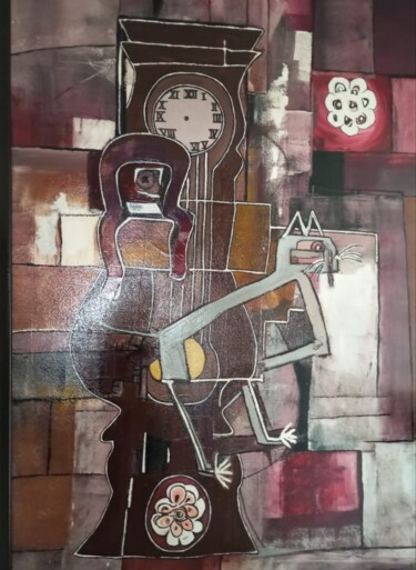 Schilderij getiteld "L'Attente" door Blonval, Origineel Kunstwerk, Acryl Gemonteerd op Frame voor houten brancard