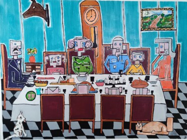 Painting titled "Repas de famille" by Blonval, Original Artwork, Acrylic Mounted on Wood Stretcher frame