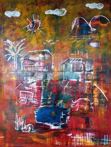 Картина под названием "Paysage d'Antilles" - Blonval, Подлинное произведение искусства, Акрил Установлен на Деревянная рама…
